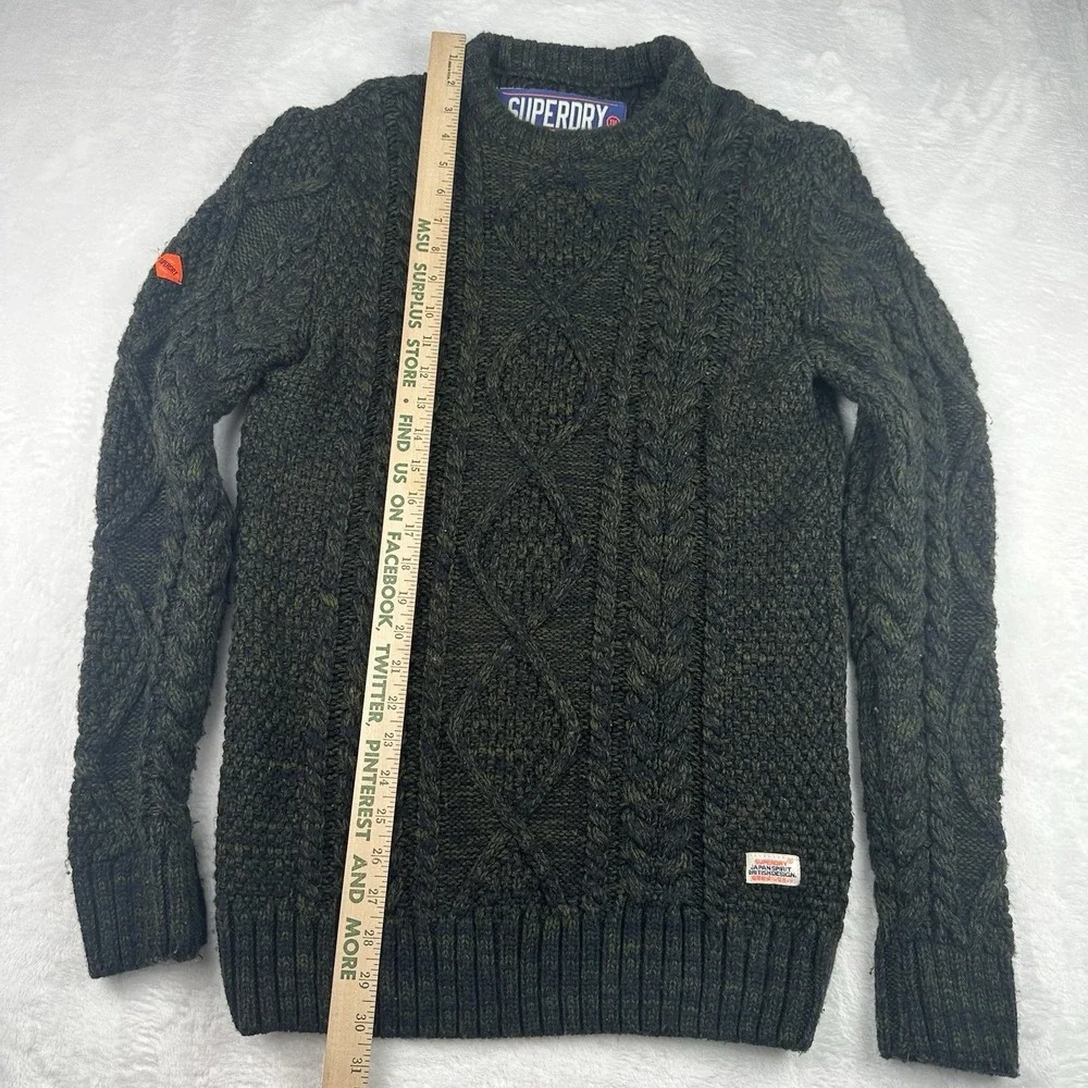 Superdry Mens Cable Knit Fisherman Sweater Olive Green Crewneck NE002 Size Large